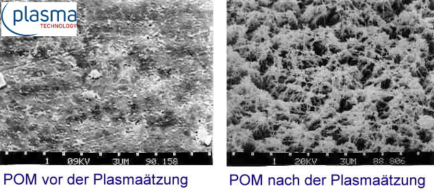 REM-Bild  plasmageätzten POM-Oberfläche vor und nach
